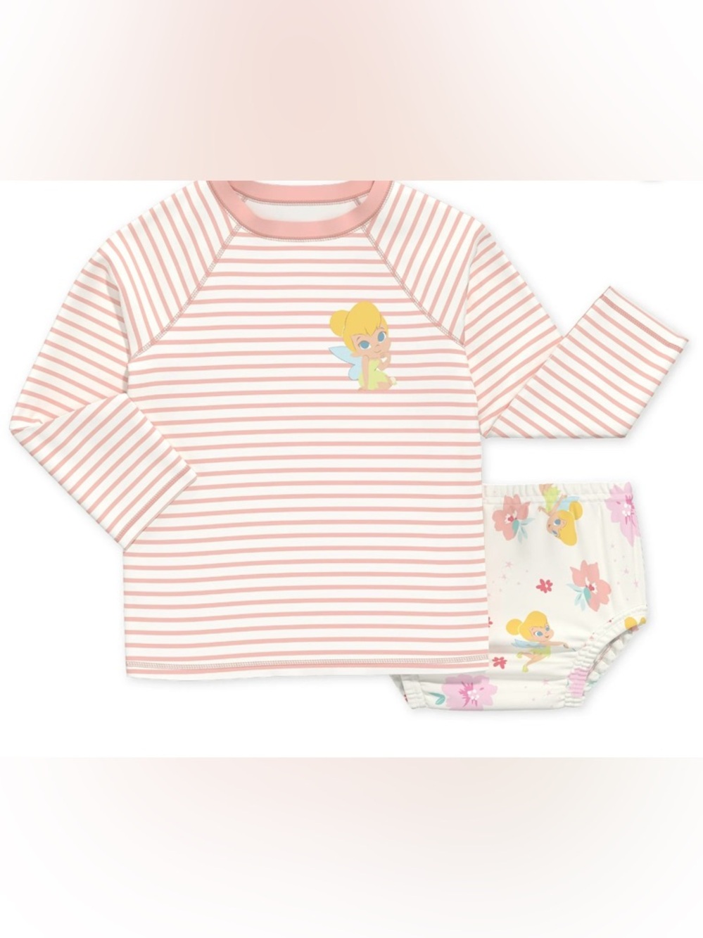 NWT Disney Tinker Bell Baby Rash Guard‎ Swim Set 0-3 Months Pink Stripe Floral